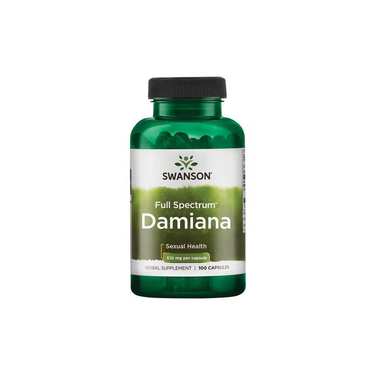 A green bottle of Swanson Damiana 510 mg dietary supplement, containing 100 capsules for sexual health and function.